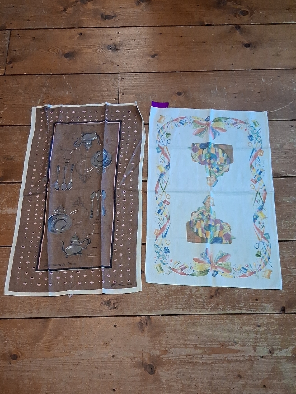 Vintage linen Tea Towels: 1 With Cute sewing Scene, 1 With Early American Pewter